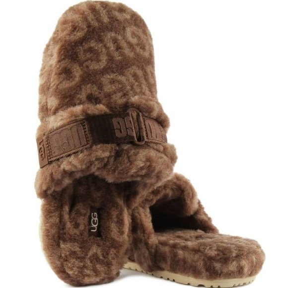 UGG Other - UGG Logo Shearling Slippers Men's 9 Brown Chestnut Fluff It Pop Slip On Slides